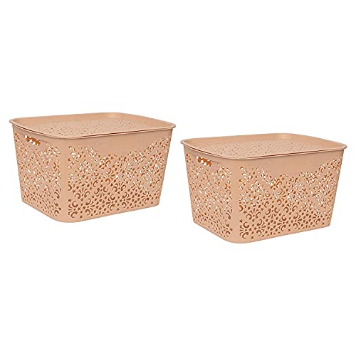 Image of Cutting Edge Essentials Plastic Storage Baskets /Shelf /Turkish Rack with Lid - Set of 2 for Fruit Vegetable Bathroom Stationary Home Basket with Handle (Biege, Large)