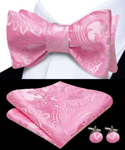 Image of Dubulle Self Tie Bow Ties for Men Mens Pink Bowtie and Lapel Pin Paisley Floral Suit Handkerchief Cufflinks Set Wedding