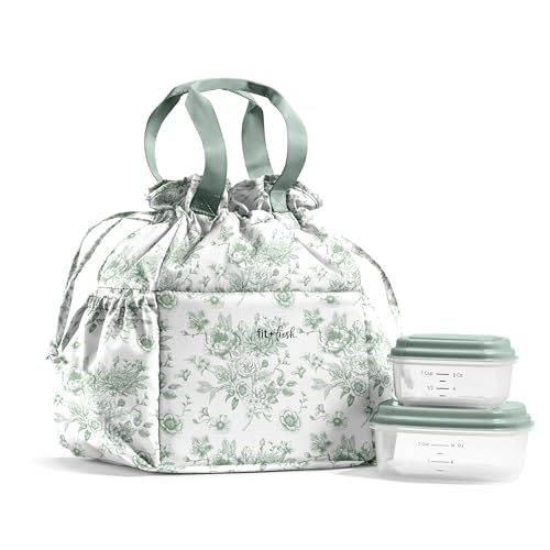 Fit & Fresh Cromwell Drawstring Lunch Bag for Women, Complete Lunch Set with 2 Containers, Stain-Resistant, Leak-Resistant, Back to School Essential, Teacher Lunchbox, Sage Floral Toile