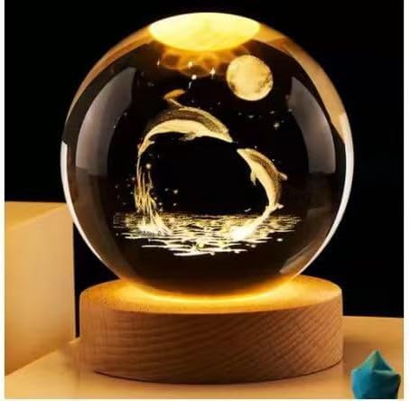 Lampe de projection boule de cristal 3D avec base en bois LED, USB (Dauphin)