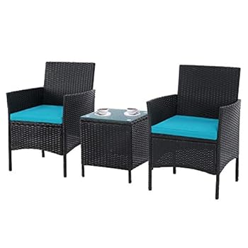Alternative view of SOLAURA 3-Piece Outdoor Patio Bistro Set Patio Furniture Chairs Black Wicker Porch Furniture with Glass Coffee Table (Light Blue Cushion)