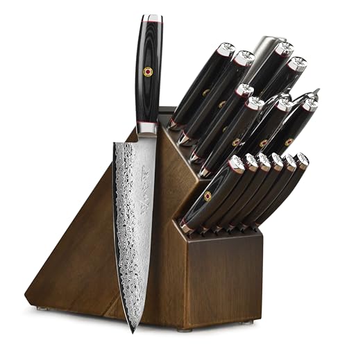 Enso SG2 18 Piece Knife Set - Made in Japan - 101 Layer Stainless Damascus with Dark Ash Knife Block