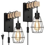 Plug in Wall Sconces Set of Two, Farmhouse Wall Mounted Lights with Metal Cage Lampshade, Solid Wood