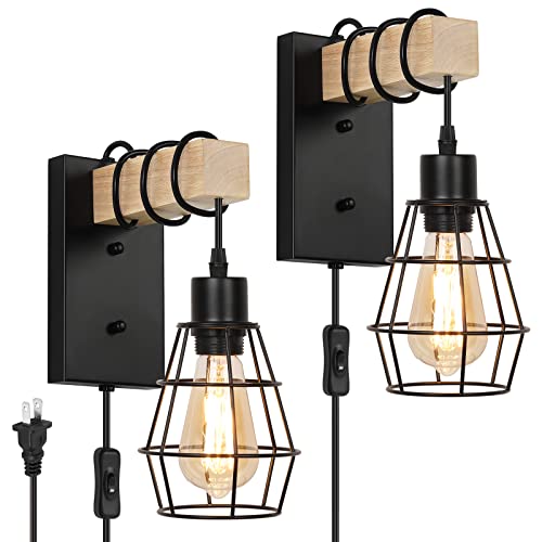 Plug In Wall Sconces Set Of Two, Farmhouse Wall Mounted Lights With Metal Cage Lampshade, Solid Wood Wall Lamp For Bedroom Living Room Garage Porch #TOP26