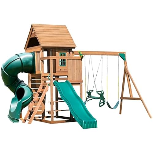 Swing-N-Slide Turbo Treehouse Wooden Swing Set with Wood Roof, Tube Slide, Wave Slide, Climbing Wall, Ladder, Picnic Table, and Swings, Green Slides