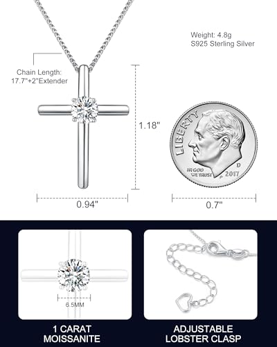 Cross Necklace for Women, 1 Carat Moissanite Cross Pendant, 925 Sterling Silver Plated Cross Faith Pendant Necklaces Religious Anniversary Birthday Christmas Jewelry Gifts for Women Her Wife4