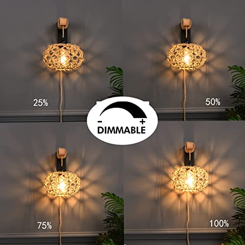 Plug In Wall Sconces Rattan Boho Decor Wall Sconce Set Of Two Woven Wicker Wall Lamp With Plug In Cord Dimmable Hanging Lamps That Plug Into Wall Outlet Rustic Wall Lamp Light For Bedroom Living Room #TOP1