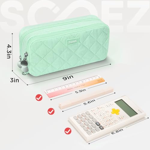 Image of Sooez Large Pencil Case Pouch, Extra Big Pencil Bag with 8 Compartments, Pen Bag Wide Opening, Soft Quilted Pencil Pouch Organizer with Zipper, Portable Pencil Case for Teen Girls, Green