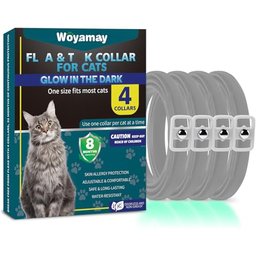 Woyamay Collar Antiparasitario Gatos, 4 Pcs Luminoso Collar Antipulgas y Garrapatas Gatos Natural, Impermeable e Ajustable Collar Antipulgas Gatos contra Pulgas y Piojos, 8 Meses de Protección, Gris