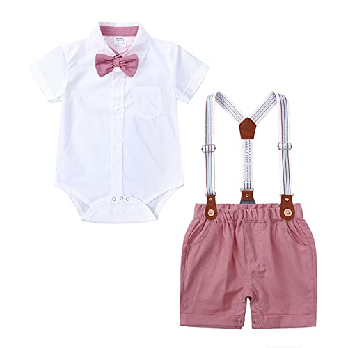 Taojian Infant And Toddler Baby Boys Kids Short Sleeve Bowtie Buttons Bodysuit Shirts Suspender Shorts Casual Summer Clothes (Pink, 6-9Months) #TOP1