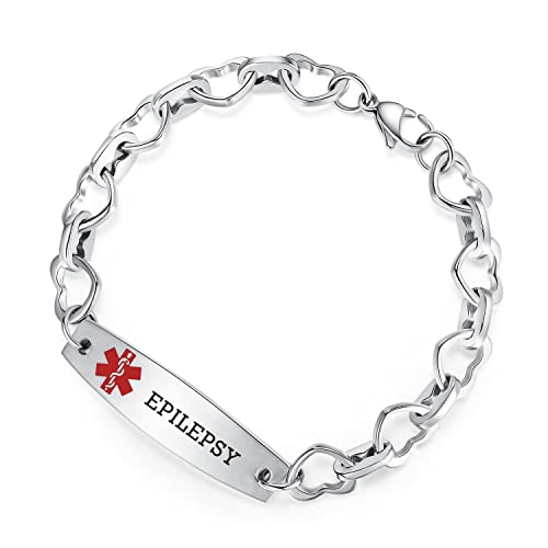 mnmoom 7 1/2 in Heart Medical Alert Bracelets for Women Stainless Steel id bracelets with Free custom engraving