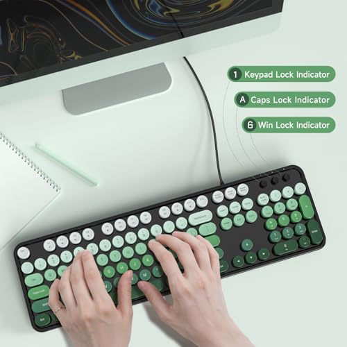 Image of MOFII Computer Keyboard Wired,Round Key Retro Typewriter Keyboard Full Size | USB Plug and Play, for Laptop, PC, Desktop, Windows (Black Green Gradient Color)