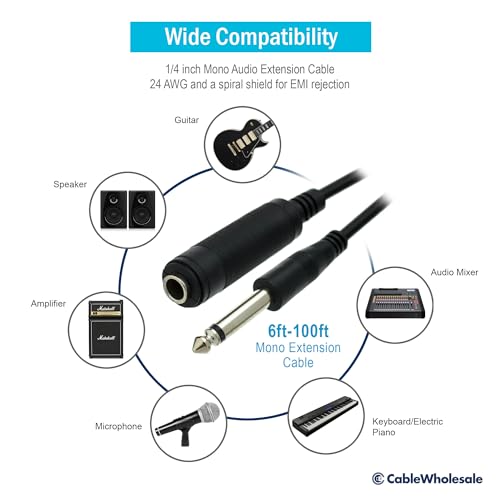 CableWholesale 1/4 Inch Mono Extension Cable, 6 feet 1/4" Male to 1/4" Female Plug for Electric Instruments (Guitar, Keyboard, Amplifier, Speakers, Synthesizers) - Thumbnail 4