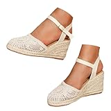 Generisch Damen Keilabsatz Espadrilles Jute Handgefertigt in Spanien Mit ergonomischem Fußbett Verstellbarer Metallschnalle Geschlossene Zehen Nachhaltig atmungsaktiv Ideal für (36)