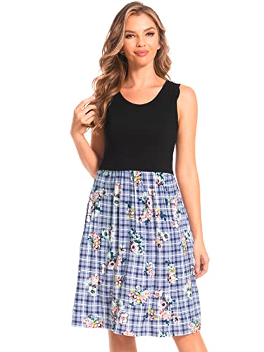 Bearsland Women's Sleeveless Maternity Dress Nursing Breastfeeding Dresses with Pockets,blueplaidfloral,M