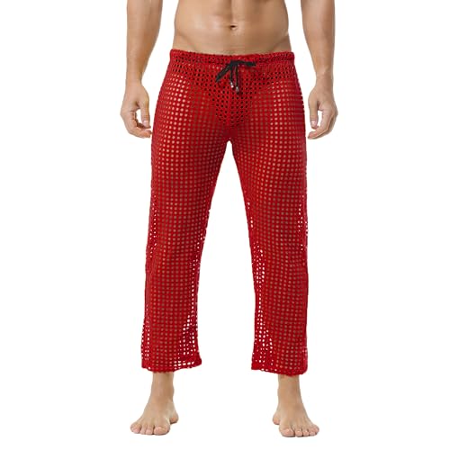 Men's Hollow Openwork Drawstring Lounge Sexy Mesh Pants Breathable Long Pants Pajamas Novelty Bottoms