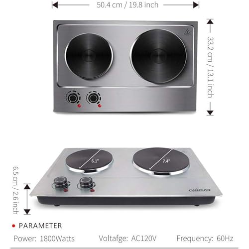Cusimax ES-3202 1800W Double Hot Plate, Stainless Steel Silver Countertop Burner Portable Electric Double Burners Electric Cast Iron Hot Plates Cooktop thumb #6