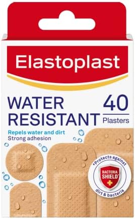 Elastoplast Water Resistant Plasters (40 Pieces), Dirt and Water Resistant Strip Plasters, Plasters Waterproof, All-Purpose First Aid Plasters