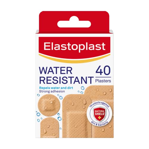 Elastoplast Water Resistant Plasters (40 Pieces) Dirt and Water Resistant Strip Bandage Waterproof Bandage Strong Adhesion All-Purpose First Aid Plasters Various Sized Tan