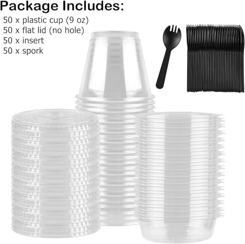 TOFLEN 9 oz Clear Plastic Yogurt Parfait Cups with Lids Disposable To Go Cereal Cups for Breakfast Snack Fruit, Veggies and Dips (50 Cups+Inserts+Sporks+Flat Lids) by TOFLEN - Image 3