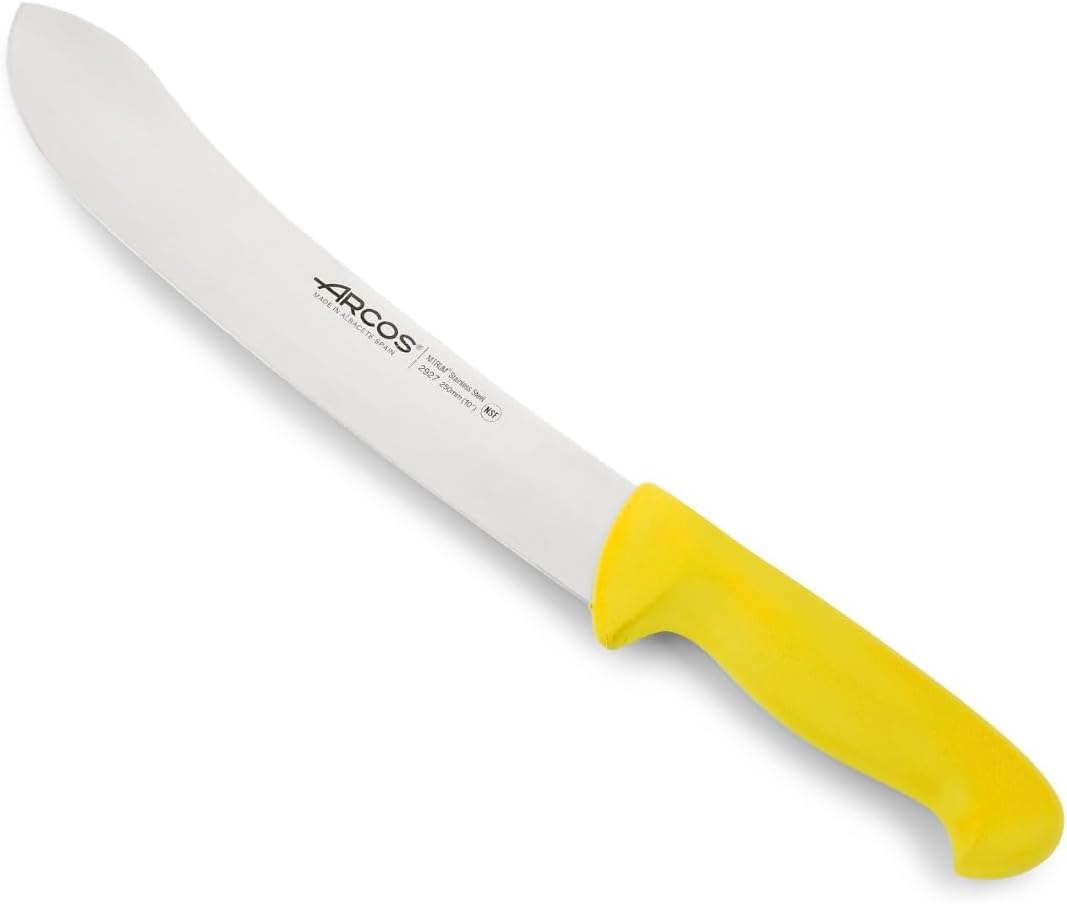 Arcos Series 2900 - Butcher Knife Steak Knife - 10" Blade Nitrum Stainless Steel - Polypropylene Yellow Handle - Silver - European Color Identification System - Heavy Duty Knife 7''