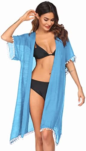 Ekouaer Women's Bathing Suit Cover Up Tassels Chiffon Handmade Lace Open Front Bikini Swimsuit Dress with Pompom Sky Blue