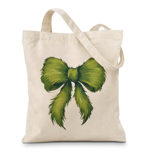 Geondos Christmas Tote Bag Green Furry Bow Tote Bag Two Side Print Reusable Grocery Bags Shoulder Bags for Casual Vacation Shopping Work Aesthetic Canvas Totes for Women Christmas Gift for Woman
