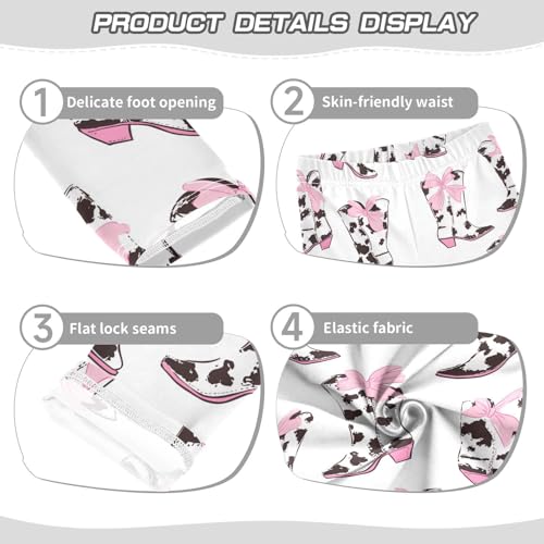 Wusikd Cow Print Cowboy Boots Girls' Leggings Toddler Doodles Pink Bows Kids Yoga Pants Dance Active Tights 4T3