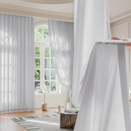 FMFUNCTEX Sheer Non-See-Through Grey Curtains for Bedroom, Faux Silk that Let Light Curtains 96 inches Long Light Filtering Privacy Sheer Window Drapes for Living Room, Rod Pocket 2 Panels Set by FMFUNCTEX - Used condition - Image 9