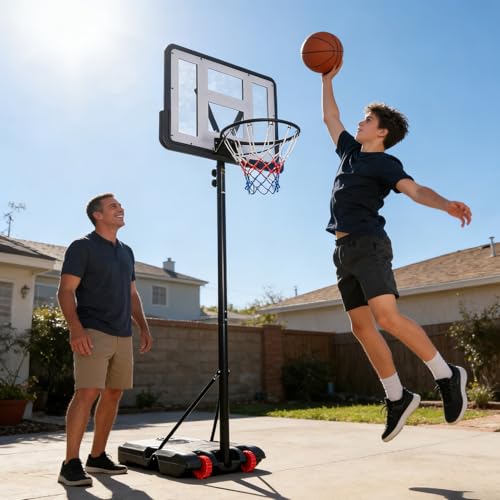 JupiterForce Portable Basketball Hoop Outdoor, 7.2-9.2ft Height Adjustable Basketball Hoop Goal System with 32 inch Basketball Backboard, Stand, Fillable Base, and Wheels for Kids, Teenagers, Adults - Thumbnail 7