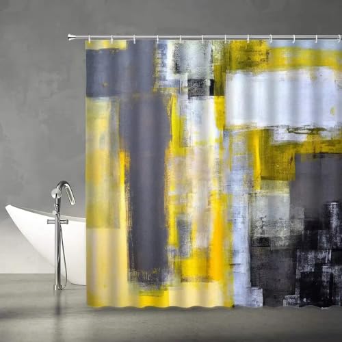 Rideau de douche design abstrait gris et jaune pour salle de bain
