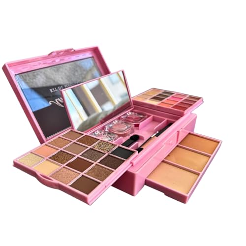 Kit de Maquiagem Completo 42 Itens, 28 Sombras, 4 Batons, 2 Blush, 1 Iluminador, 3 Pós Compactos, 3 Pincéis, Espelho, Rosa