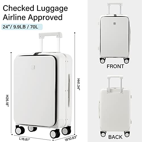 Hanke 24 Inch Checked Luggage With Front Pocket Aluminum Frame （Can Not Open In The Middle）Hard Shell Suitcases With Wheels Rolling Luggage Suitcase With Lock Travel Luggage For Weekender-Smoke White #TOP3