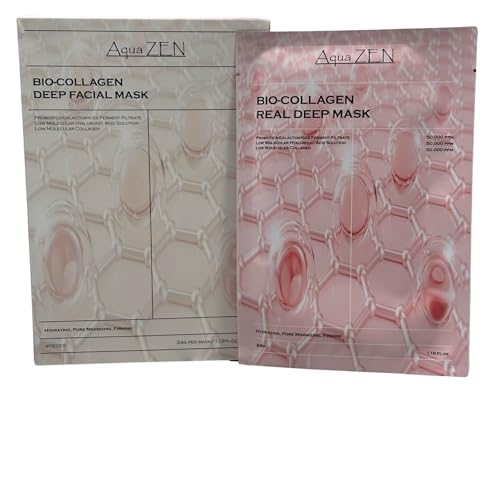 Aqua ZEN Bio-Collagen Deep Hydrogel Facial Mask | Hydrating, Rejuvenating, Pore Minimizing, & Firming - Collagen, Probiotics, & Low Molecular Hyaluronic Acid, & Niacinamide | 34g x 4 Facial Masks