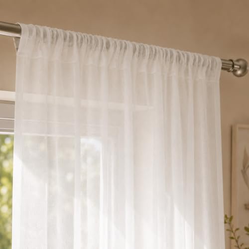 Image of LINENWALAS Aesthetic Sheer Curtains 6 Feet Long Set of 2, Poly Linen Shrink & Fade Proof Drapes for Window, Semi Transparent Modern Panels with Rod Pocket Hanging for Living Room (White /6 Feet)