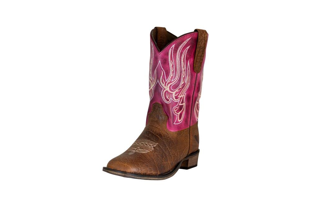 TuffRider Stivali western per bambini con punta quadrata rosa ricamati con archi e fiamme