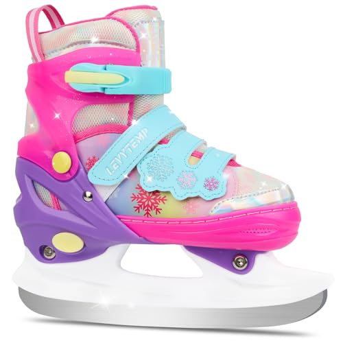 LEVYTEMP Kids Adjustable Ice Skates for Girls Boys 4 Size Expandable Hockey Skates with Triple Safety Straps Warm Lining & Stainless Steel Blades