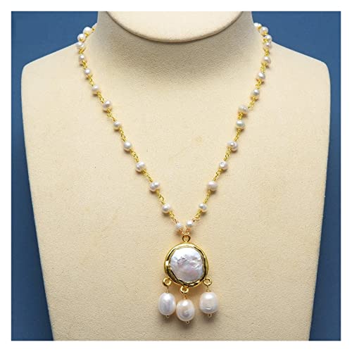 Jewelry Natural Freshwater Cultured White Pearl Rosary Chain Necklace White Coin Pearl Pendant 18inch for Women Necklace pendant - Thumbnail 3