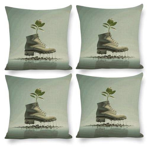 Housse de coussin carrée motif chaussures et bourgeons verts pour salon