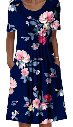 Image of LOVESHOOT Size M Womens Summer Midi Dress 2026 Casual Short Sleeve A Line Dress with Pockets Evening Wedding Guest Work Navy Blue Floral