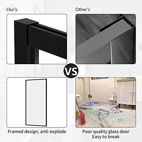 Fixed Glass Shower Door, Framed Tempered Glass Shower Panel 34 * 74 Inch For Open Walk-In Bathroom, Clear Glass Bathtub Shower Door With Matte Black Hardware Finish #TOP2