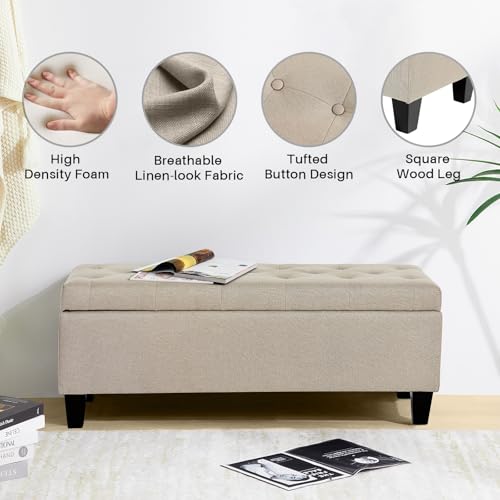 Image of Redlife Storage Ottoman Bench, End of Bed Storage Bench with Safety Hinge, Large Upholstered Benches, Modern Accent Bench for Living Room, Entryway for Living Room Entryway Champagne
