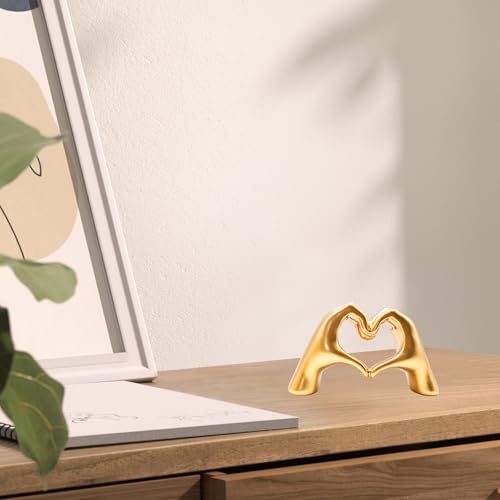 Small Gold Heart Hands Sculpture Decor, Resin Golden Modern Abstract Love Finger Statue, Gold Hand Model Decoration for Home Living Room Bedroom Bookshelf Shelves Wedding Office Desk Table 2.8″ H - Image 5