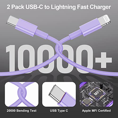 Image of 2 Pack Fast Charger Cable, 6ft USB-C to Lightning Cable, MFi Certified, Purple, for iPhone14 /13 /12 /11 Pro Max /Mini /XR /XS, etc.