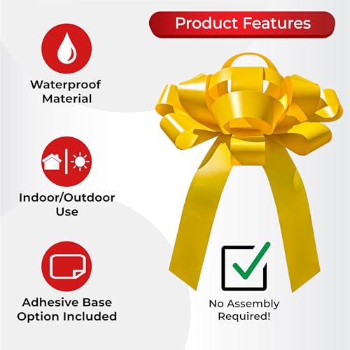 Image of CarBowz Big Car Bow for Car Decorations and Birthday Car Gifts, Large Bow Ribbon, Magnet, Car Safe Sticker Included, Fully Assembled 30 inch Wide Huge Bow, No Suction Cup Needed (Yellow)