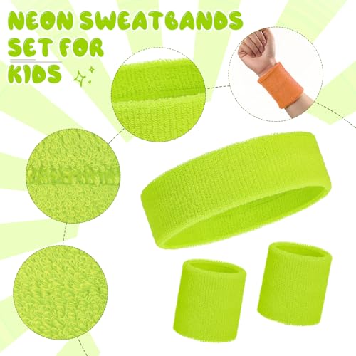 Image of Bememo 36 Pcs Neon Sweatbands Set for Kids 12 Headbands 24 Wristbands Bulk Sports Sweat Bands Athletic for Children Basketball Tennis Running Gym Student Gifts Glow Party