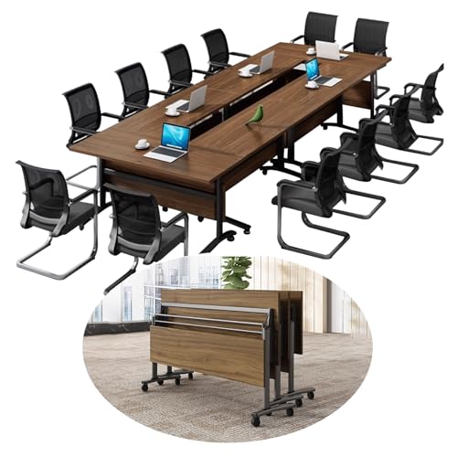 Folding Conference Tables,Super Sturdy Large Rectangle Meeting Seminar Table for 14People,Mobile Conference Room Tables with Wheels,Modular Long Business Training Tables,Modern Office Seminar Tables