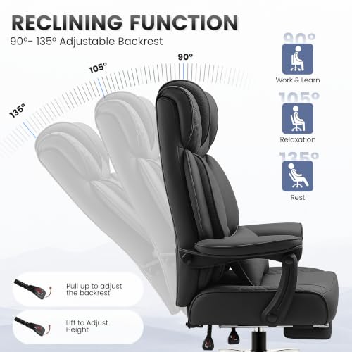 Image of BestGlory Office Desk Chair, Big and Tall Leather Gaming Chair with Footrest, Ergonomic Comfy Executive High-Back Reclining Computer Chairs, Wide Swivel Rolling Wheels and Padded Lumbar Support, Black