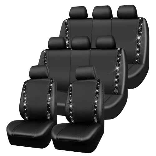 Image of CAR PASS Bling Diamond Leather Car Seat Covers 8 Seats 3 Rows,All Black
