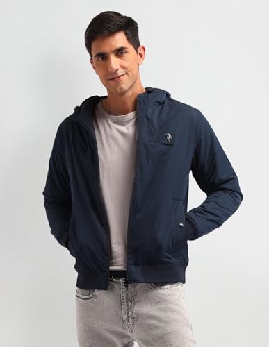 Image of U.S. Polo Assn. Denim Co. Men's Navy Solid Hooded Long Sleeve Casual Polyester Regular Fit Jacket